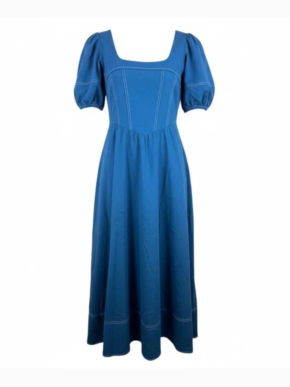 Anthropologie Moon River Cotton Corset Midi Dress Puff Sleeves Blue Size S